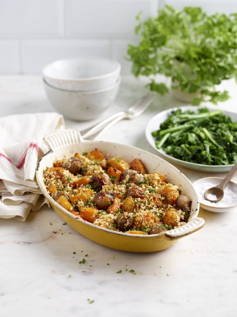 Baked Shallots with Squash and Crispy Rosemary and Olive Oil Breadcrumb Topping Recipe: Veggie