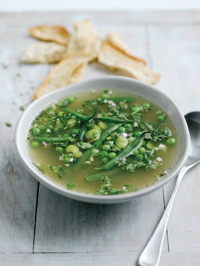 Summer Vegetable Soup with Mint, Coriander and Parsley, served with Pitta Crisps Recipe: Veggie