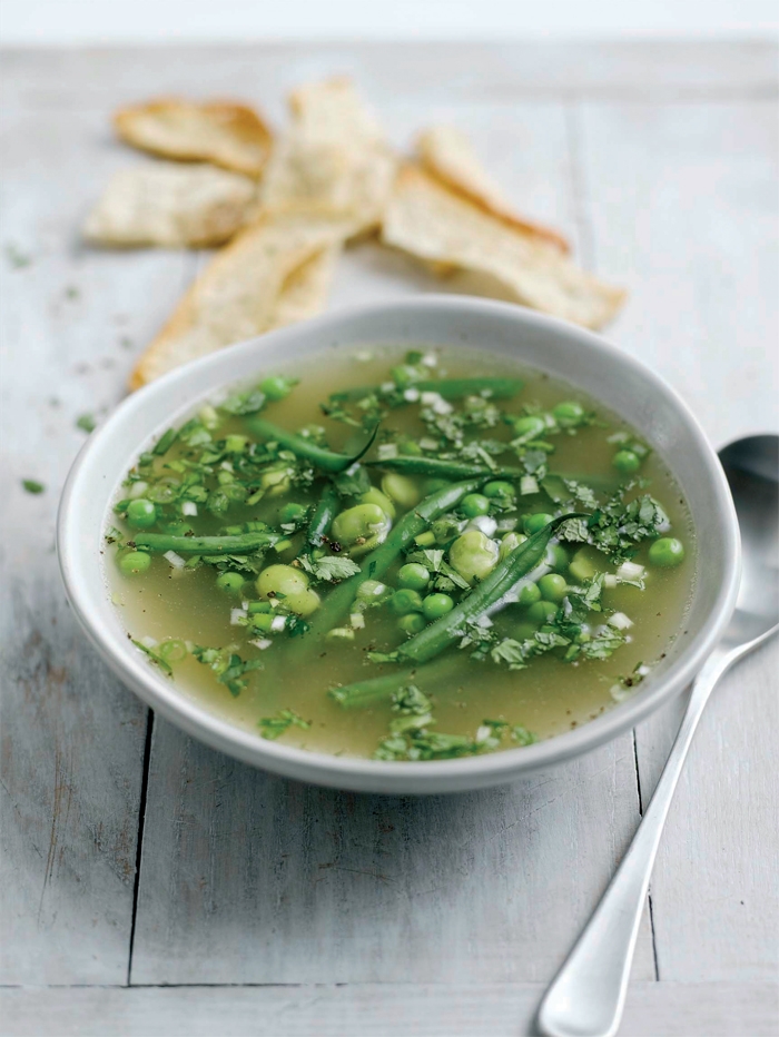 Summer Vegetable Soup with Mint, Coriander and Parsley, served with Pitta Crisps