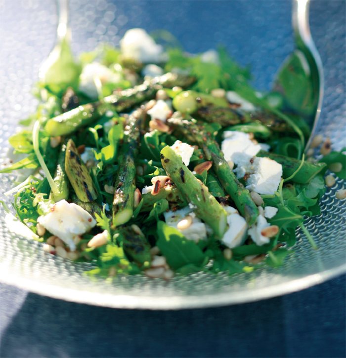 Barbecued Asparagus, Rocket, Goat’s Cheese and Pine Nut Salad Recipe: Veggie