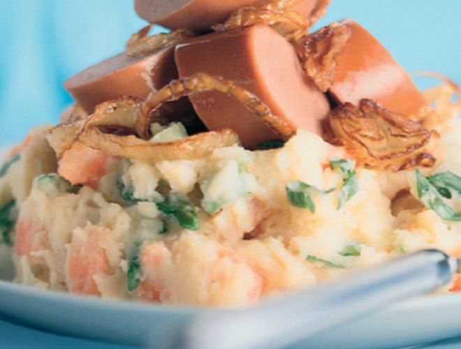 Vegetarian Frankfurter with Root Vegetable Mash and Fried Onions Recipe: Veggie