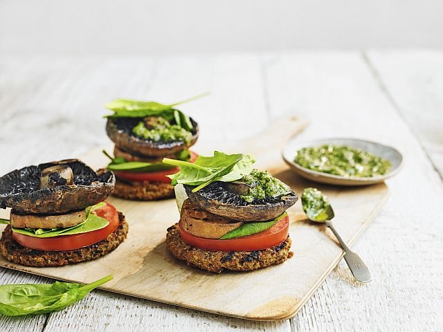 Veggie burger stacks with parsley pesto Recipe: Veggie