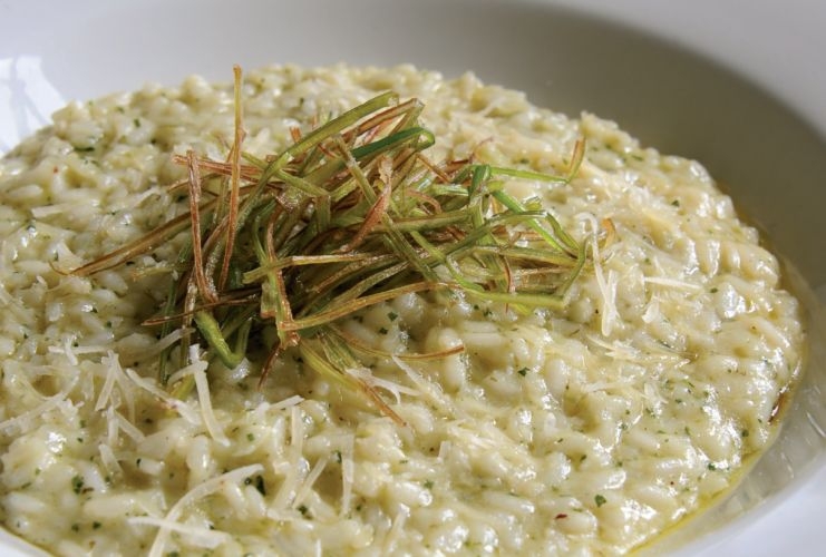 Watercress Pesto Risotto with Crispy Leeks