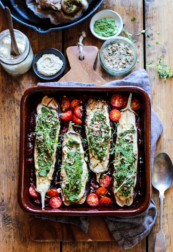 Baked Aubergine with Cashew Cheese, Pesto & Rich Tomato Sauce