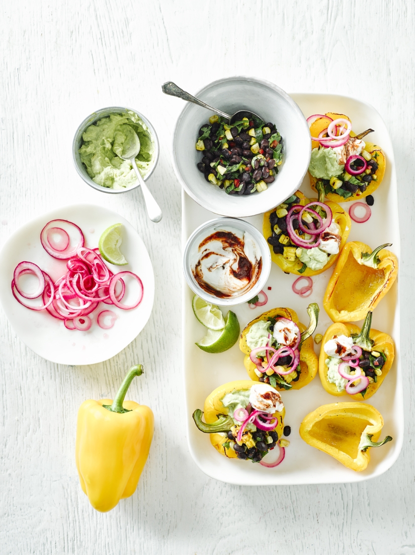 Roasted Yellow Pepper Pot with Black Bean Salsa and Avocado Cream