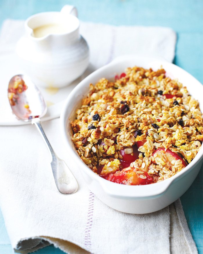 Plum Muesli Crumble with Custard Recipe: Veggie