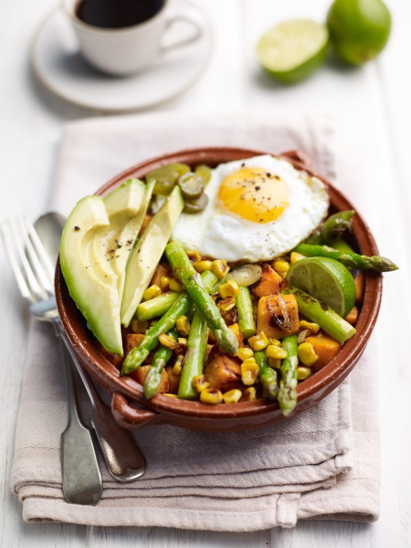 British Asparagus and Sweet Potato Hash with Avocado and Egg