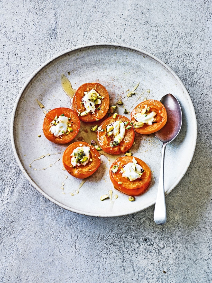 Diana Henry’s Baked Apricots with Goat’s Cheese, Pistachios & Honey