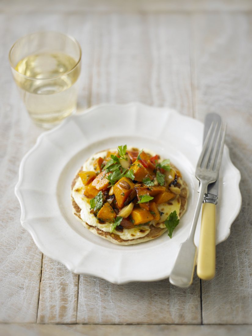 Buckwheat Pancakes with Goats’ Cheese and Sweet Roasted Squash Recipe: Veggie