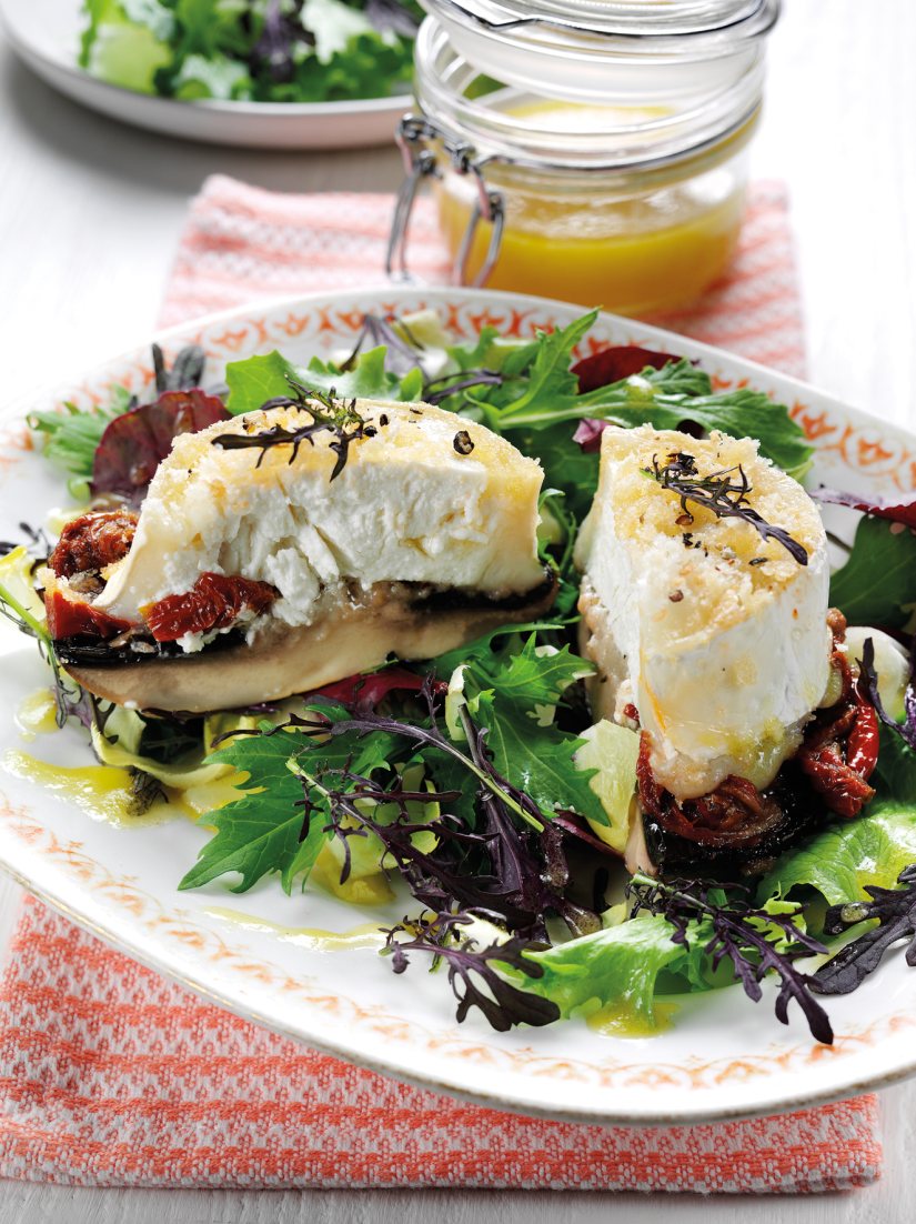 Goat’s Cheese Stuffed Mushrooms with Red Mustard Salad Recipe: Veggie