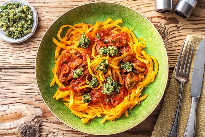 Squoodle Bolognese with Basil & Pine Nut Drizzle Recipe: Veggie