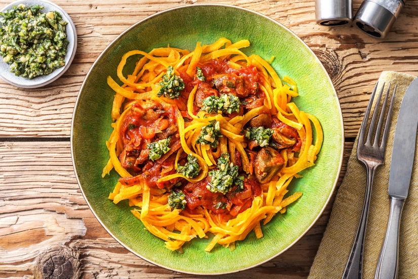 Squoodle Bolognese with Basil & Pine Nut Drizzle