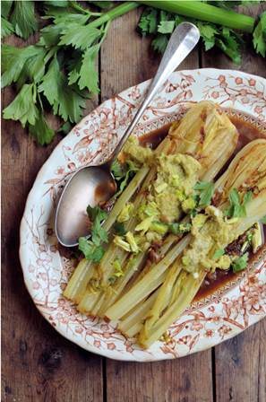 Braised Fenland Celery with Celery & Hazelnut Pesto Recipe: Veggie
