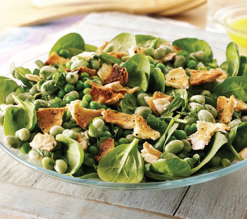 Herby Broad Bean & Pea Salad with Garlic Pitta Shards Recipe: Veggie