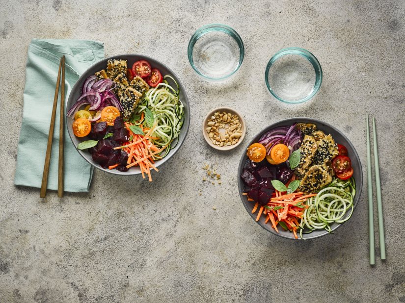 Beetroot Rainbow Bowls with Sesame-Crusted Tofu Recipe: Veggie