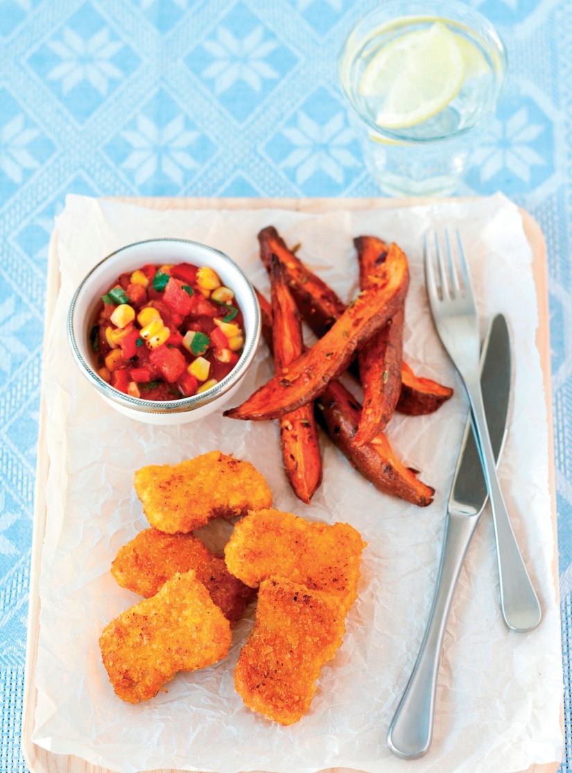 Nuggets with Chilli Salsa and Spicy Sweet Potato Wedges