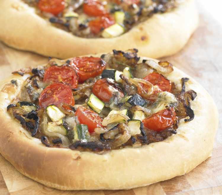 Caramelised Onion Pizza  with Courgette, Tomato and Blue Cheese Recipe: Veggie