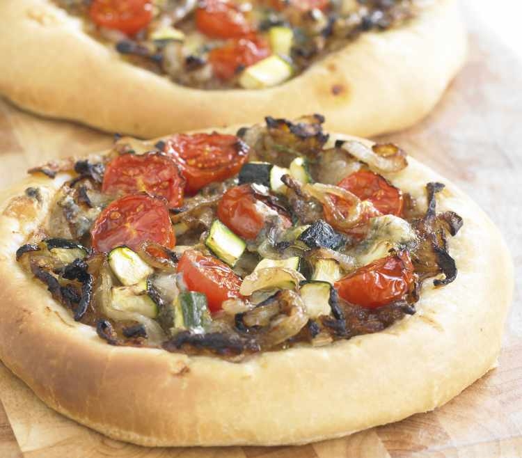 Caramelised Onion Pizza  with Courgette, Tomato and Blue Cheese