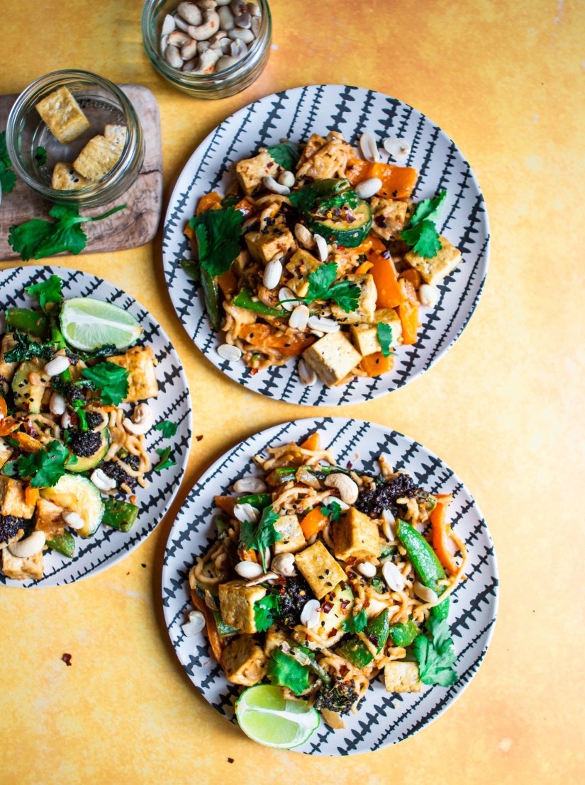 Stir-fried veggies & crispy tofu with peanut noodles Recipe: Veggie