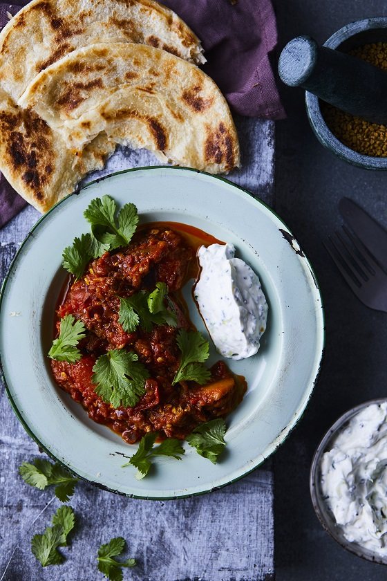 Purple aubergine, roast tomato & fenugreek curry Recipe: Veggie