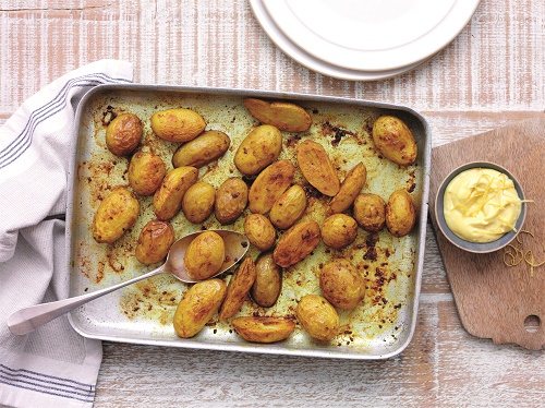 TURMERIC ROASTED JERSEY ROYALS WITH LEMON AIOLI Recipe: Veggie