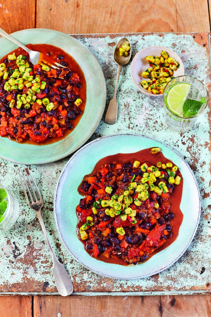 Black Bean Chilli with Corn and Lime Salsa Recipe: Veggie