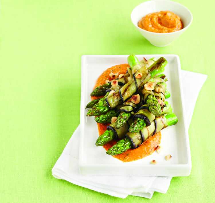Asparagus Aubergine Wraps with Romesco Sauce