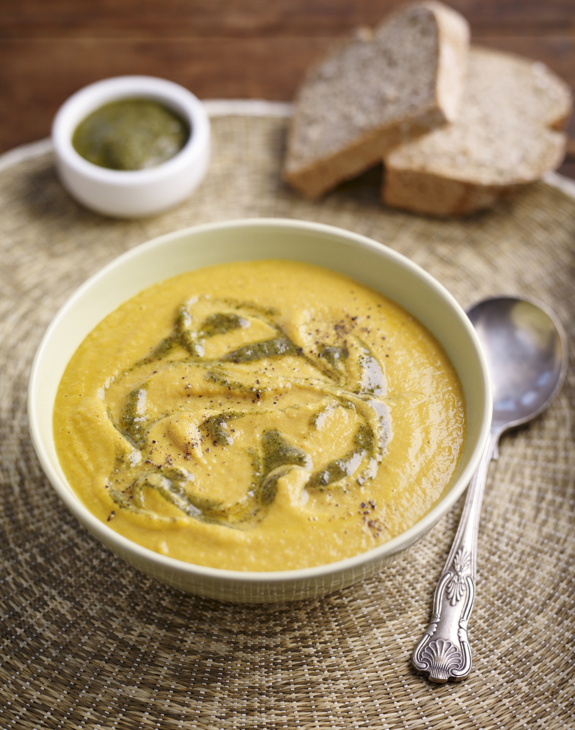 Carrot, Coconut and Peanut Butter Soup with Carrot Top Pesto