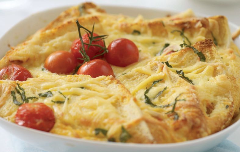 Edam, Cherry Tomato and Basil Bread and Butter Pudding