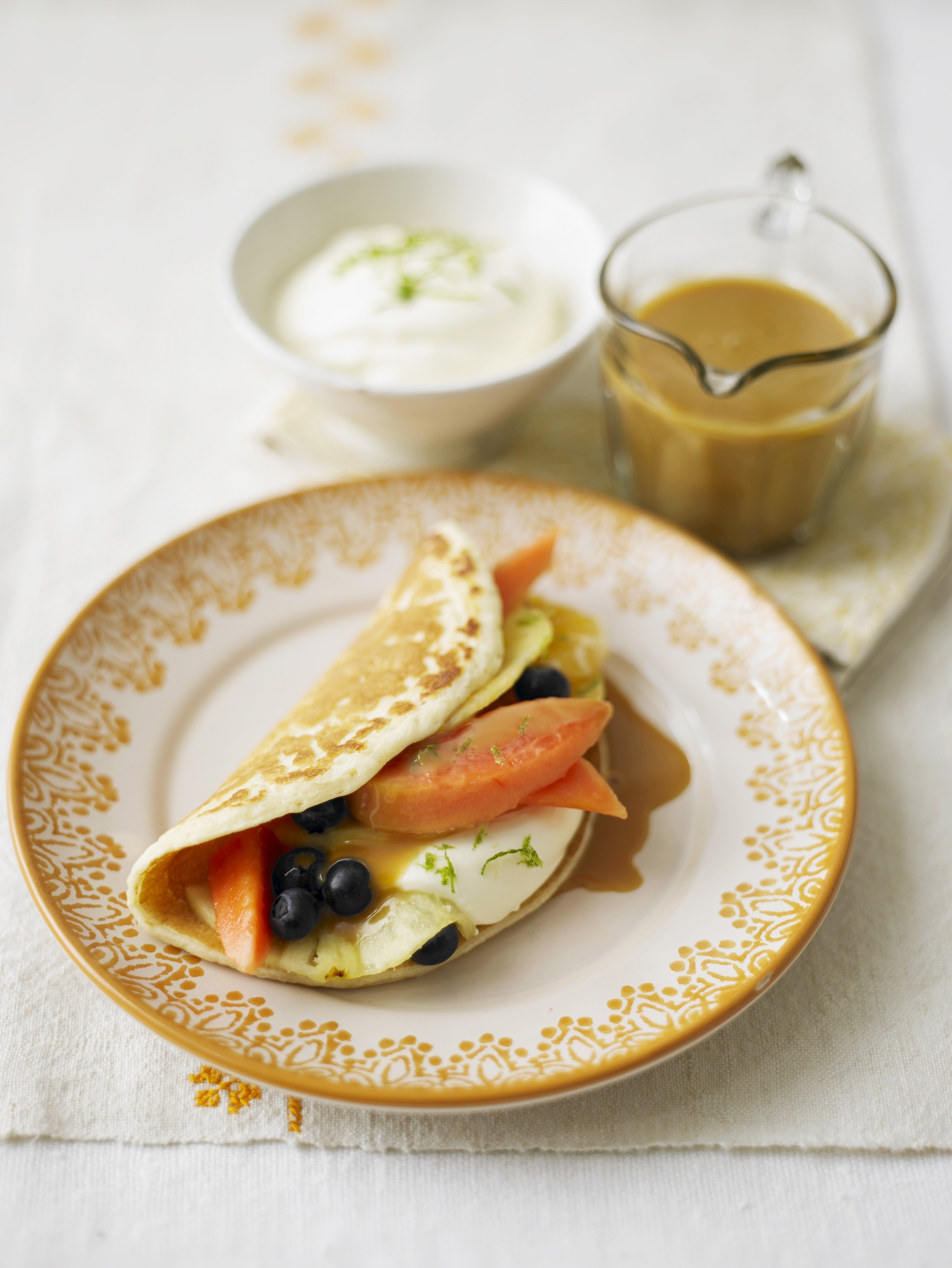 Fresh Ginger Pancakes with Caramel Lime Fruits
