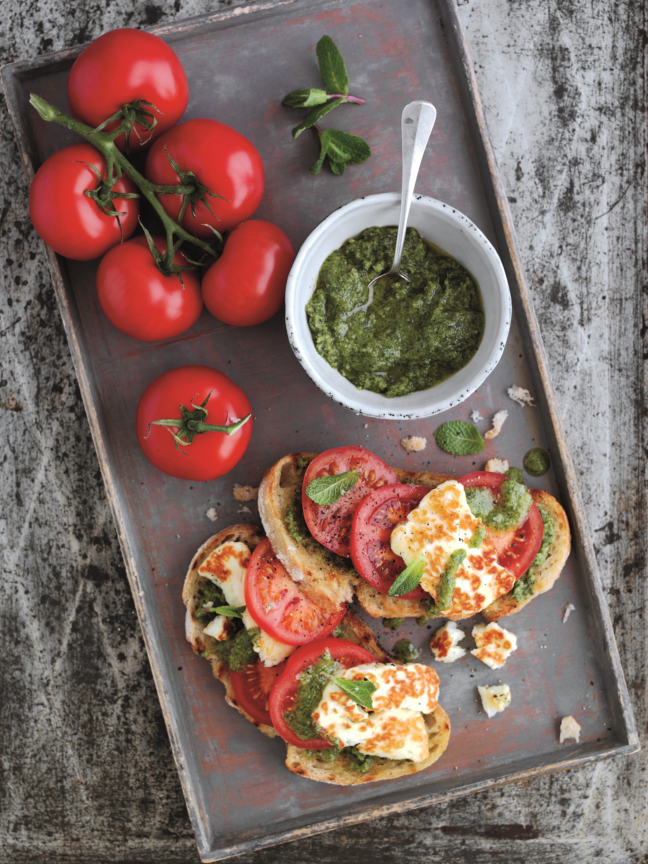 Halloumi and British Tomato Toasts with Mint Pesto