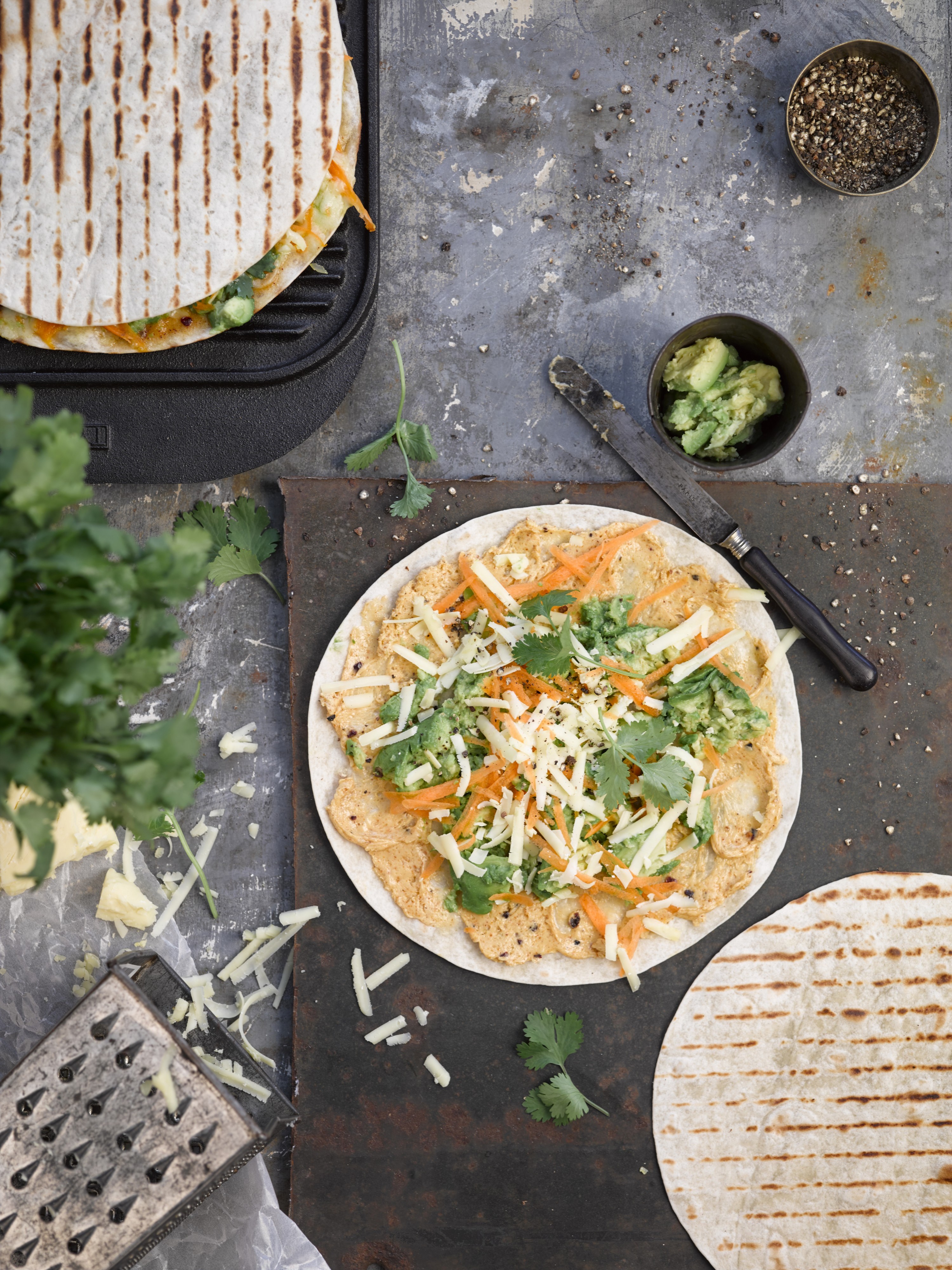 SMOKED CHIPOTLE, AVOCADO, CARROT AND CHEESE QUESADILLA