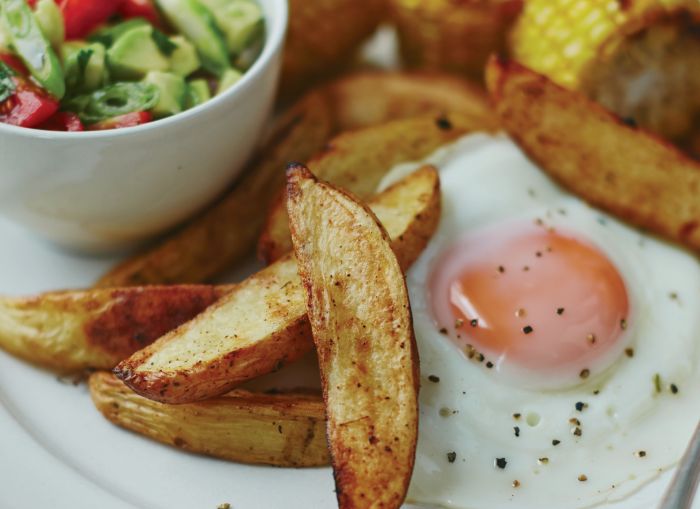 Mexican Baked Wedges and Corn with Eggs and Avocado Salsa