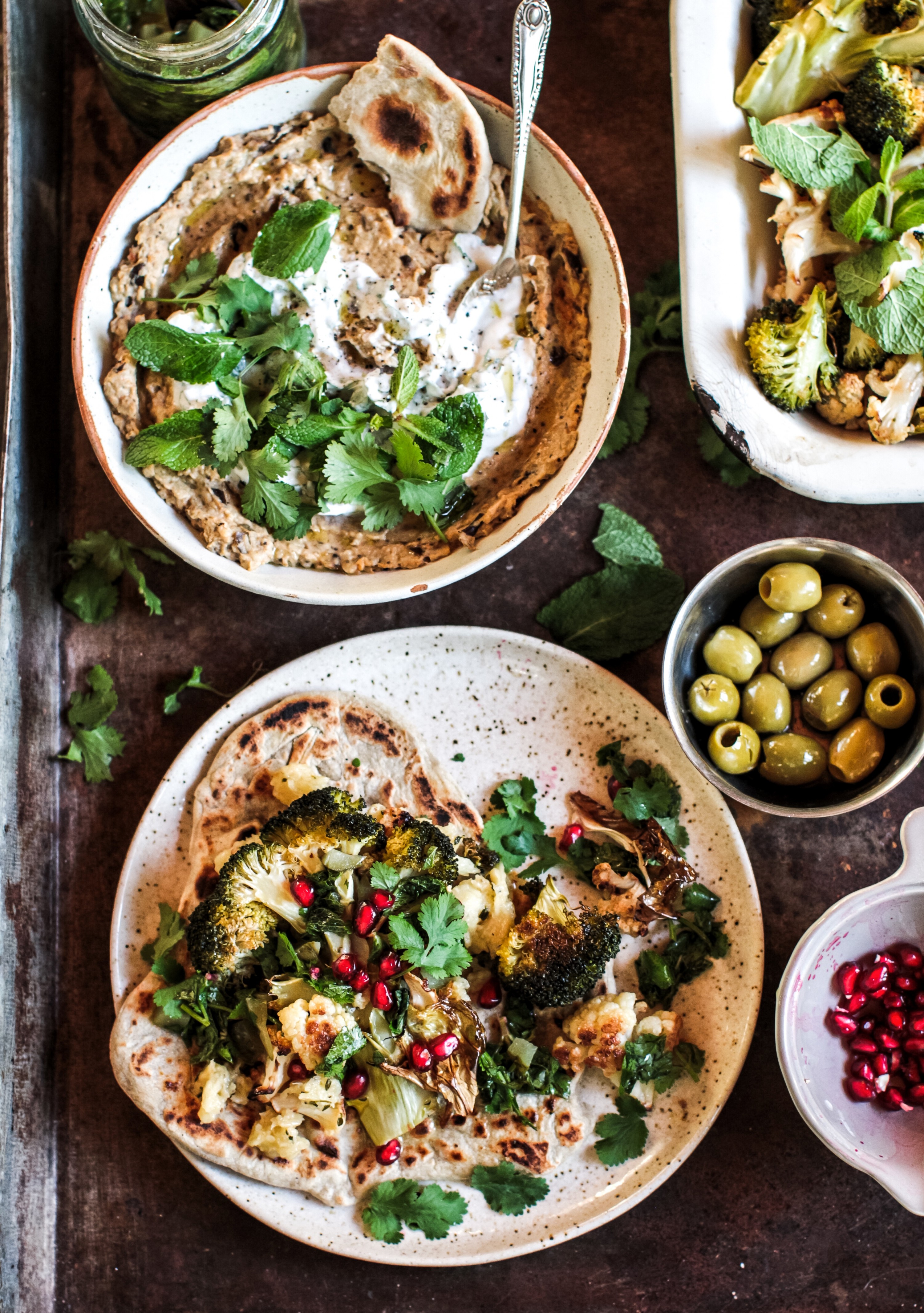 Roast Cauliflower and Broccoli with Crushed Celeriac & Aubergine Dip