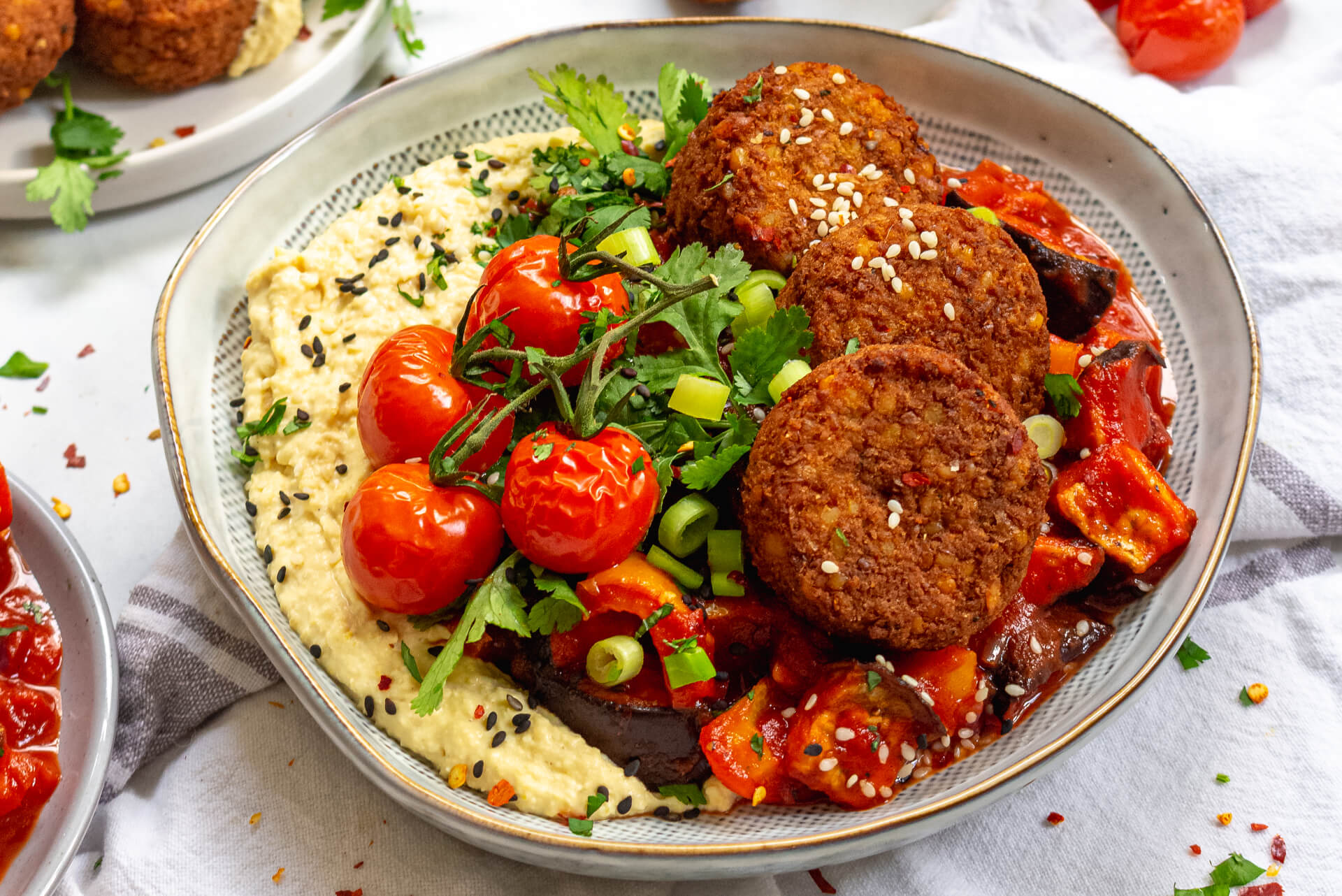 Roasted Aubergine, Houmous and Falafel Shakshuka