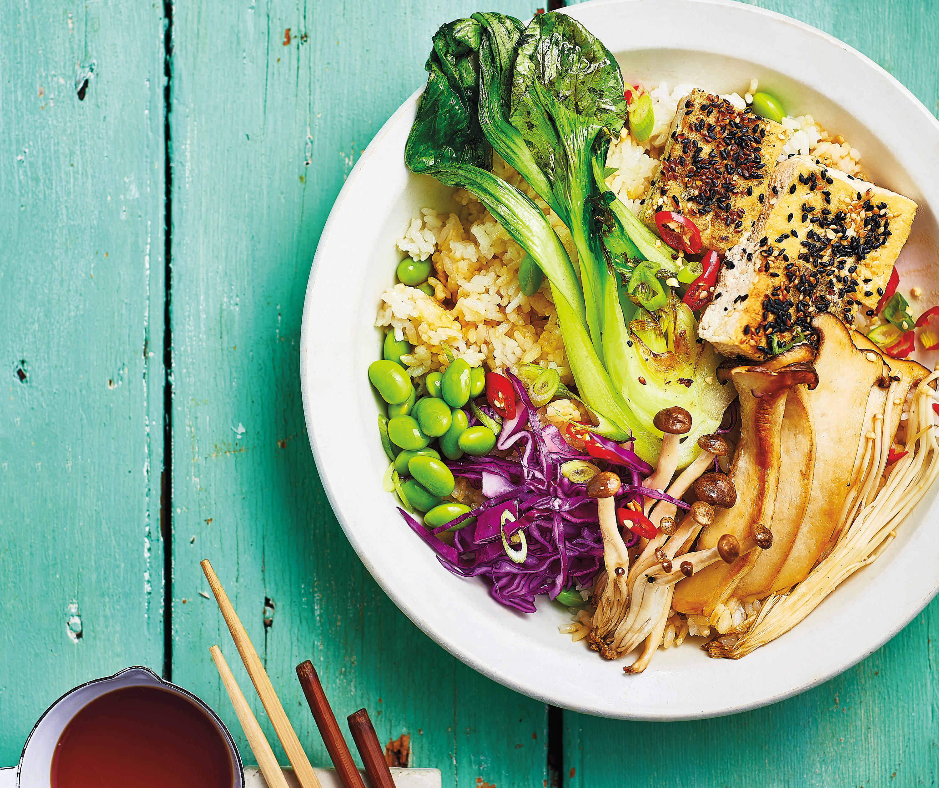 Sesame Crusted Tofu, Mushroom and Pak Choi Stir-fry with Japanese Rice