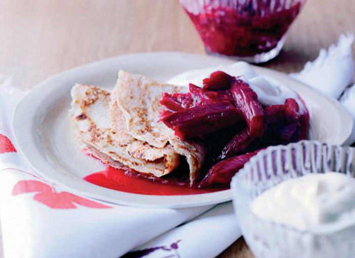 Spelt Flour Pancakes with Rhubarb and Cardamom