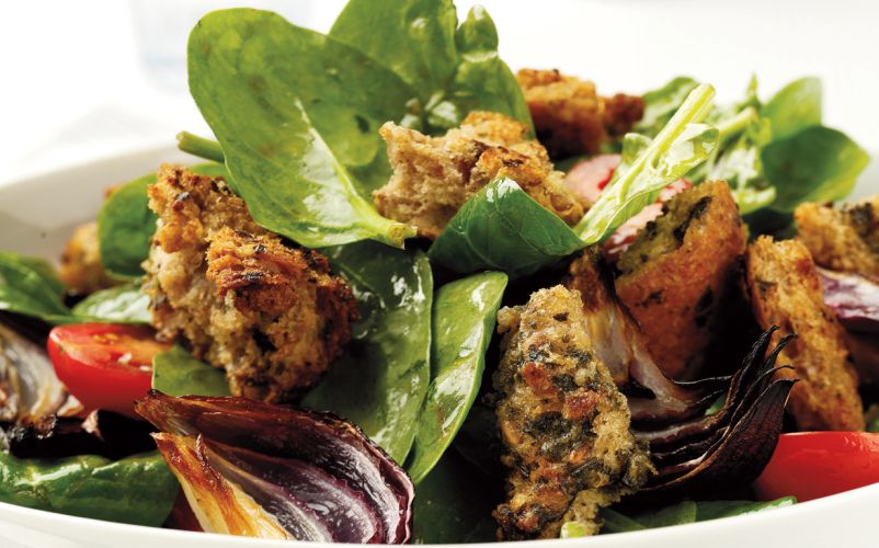 Spinach, Cherry Tomato and Red Onion Salad with Warm Pesto Wholegrain Croutons