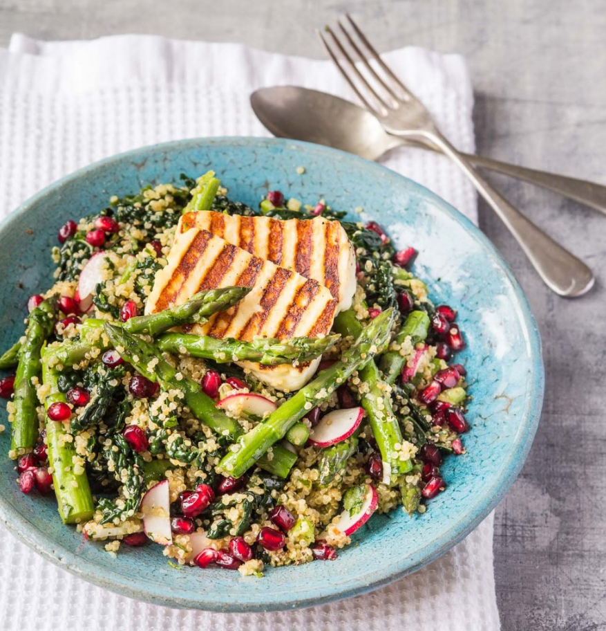 Quinoa ‘tabbouleh’ with British asparagus, halloumi and kale