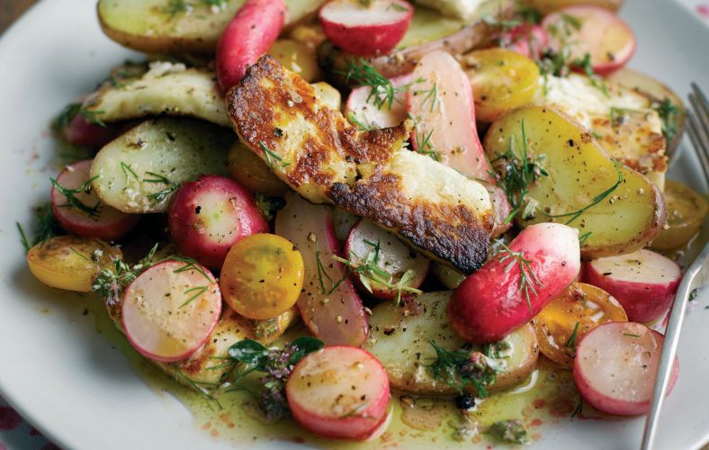 Warm Radish, Halloumi and Tomato Salad