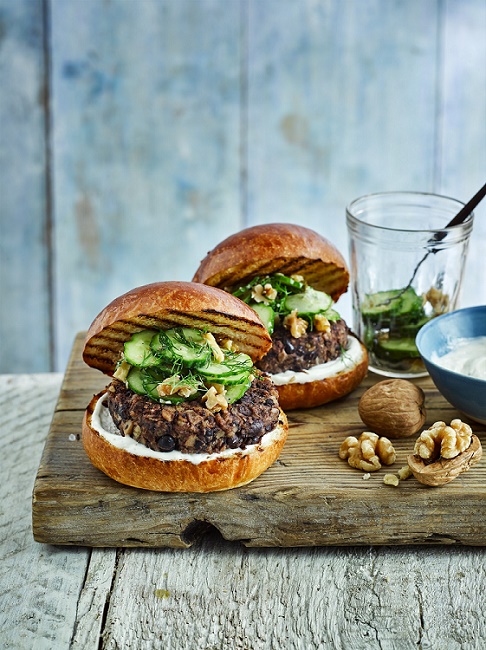 California Walnut and Mushroom Burgers with Cucumber and Walnut Salad