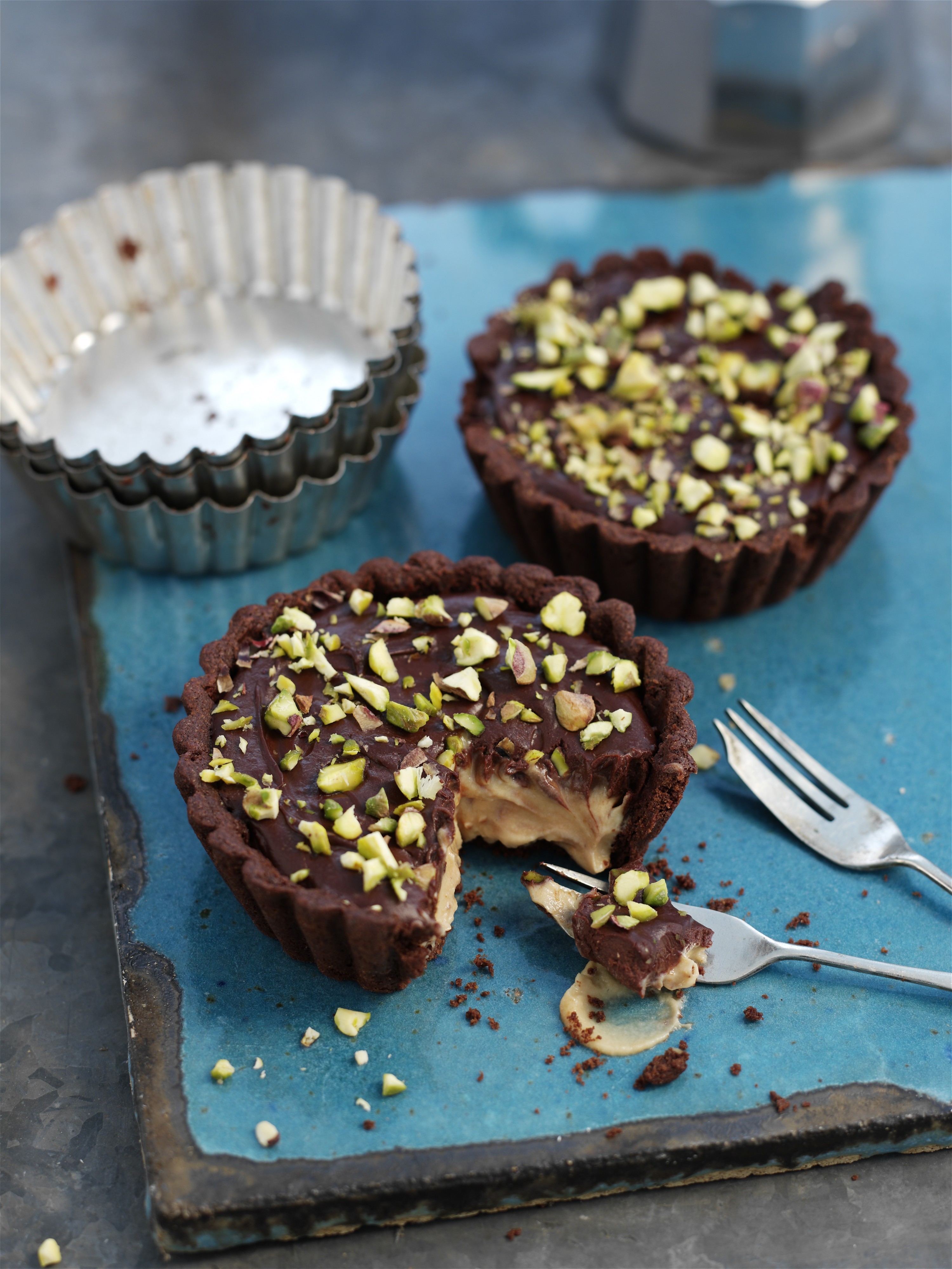 Pistachio Chocolate Tart with Caramel Mascarpone & Ganache