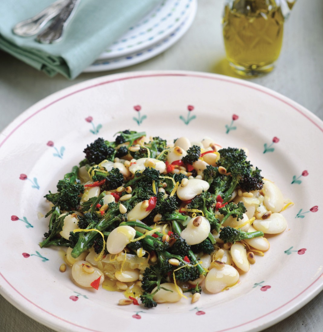 Purple Sprouting Broccoli with Butter Beans, Pine Nuts, Chilli and Lemon