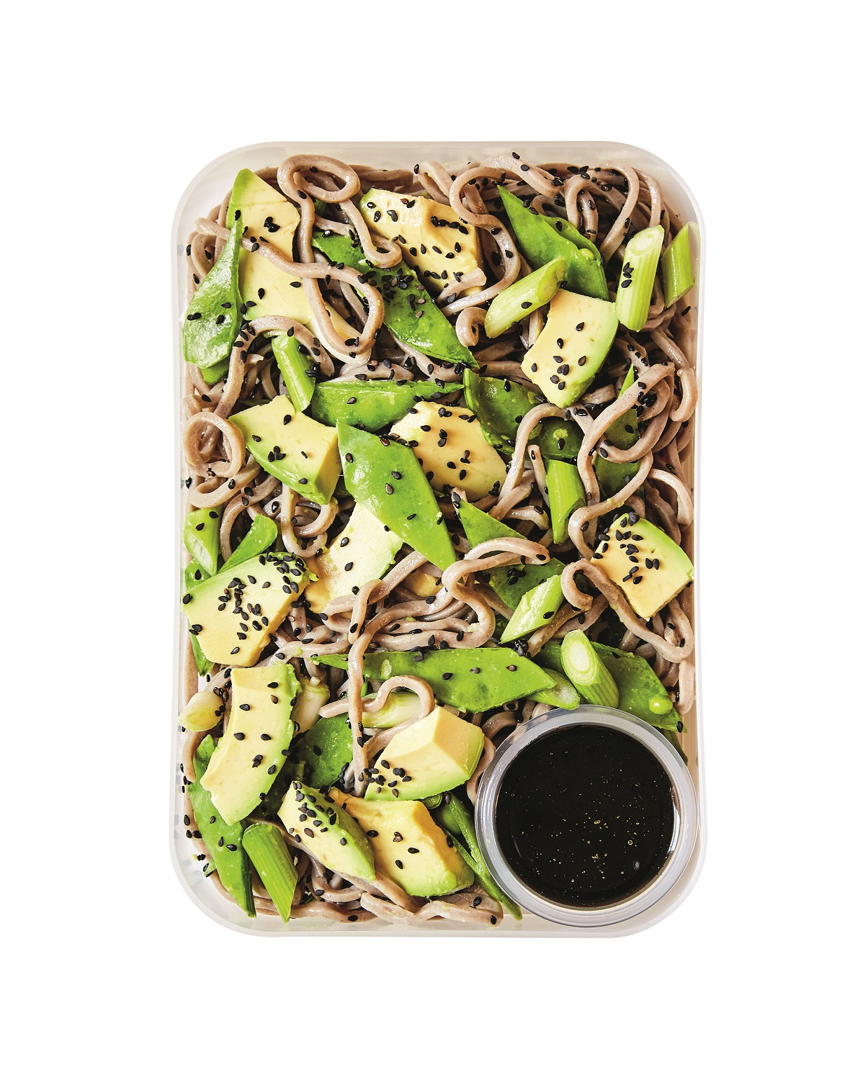 Sesame soba noodle, avocado and snow pea salad